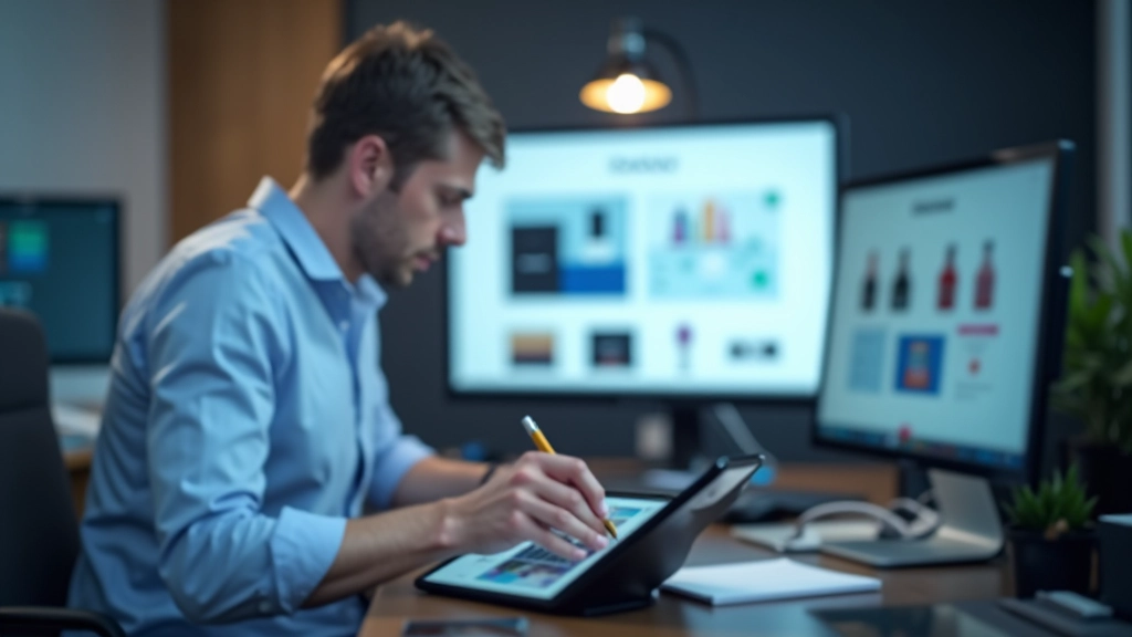 Vyras tiria produkto nuotraukų optimizavimo parinktis prie kompiuterio ekrano