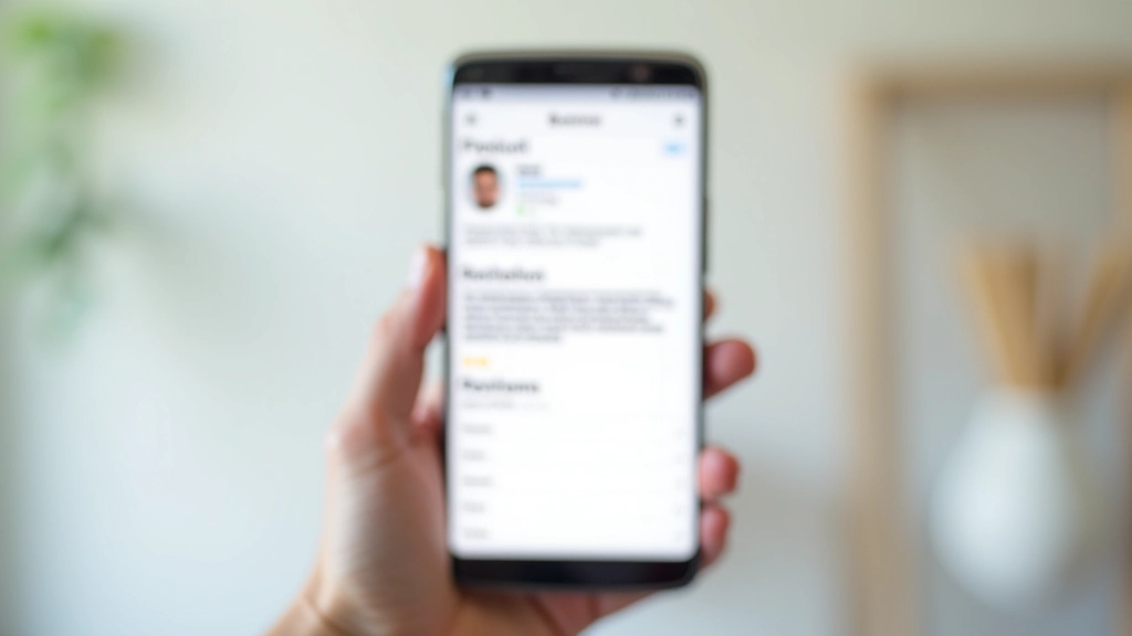 Mobiliojo telefono ekranas su internetinės parduotuvės produkto aprašu ir vertinimų sąrašu